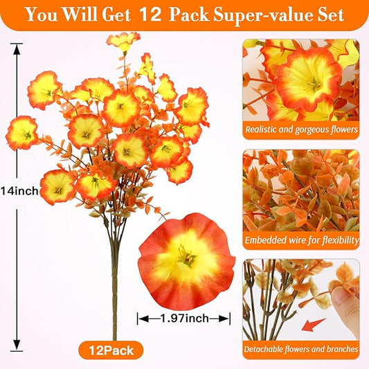 Artificial Morning Glory Fall Flowers for Outdoors, 12 Bundles UV Resistant Faux Mums, Autumn Silk Flowers for Decoration in Orange Yellow
