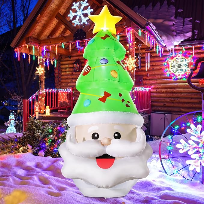 DomKom 8FT Christmas Inflatable Santa Claus and Tree Decoration, Built-in LED Lights Blow Up for Party Lawn Holiday Winter Outdoor Decor
