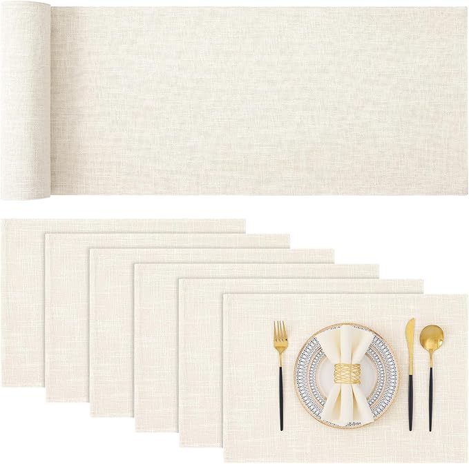 homing Cotton Linen Placemats Set of 6 and Table Runner 90" Long, Cream Washable Cloth Place Mats with Table Runner for Indoors & Outdoors, Easy to Clean