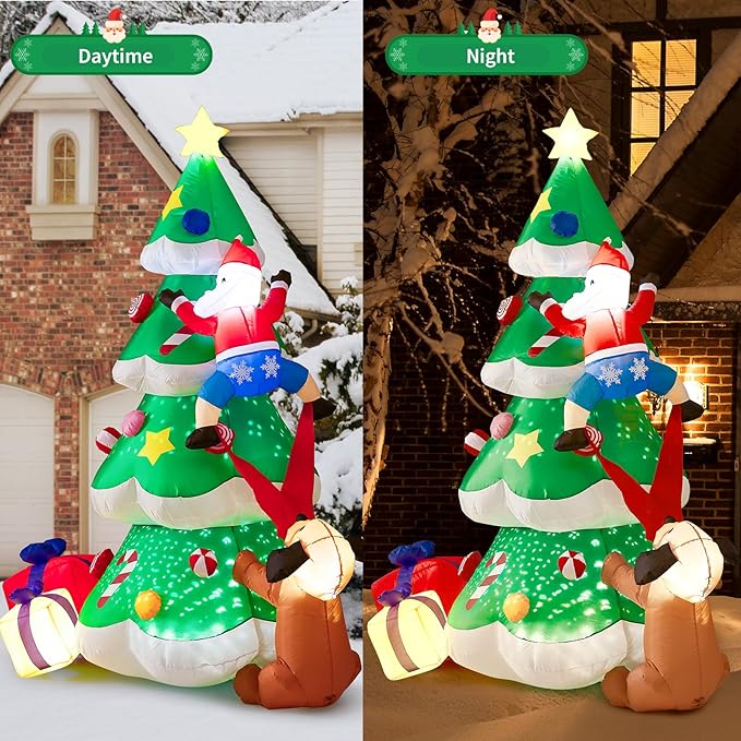 BOHON 7.9 FT Inflatable Christmas Tree Decorations Outdoor, Built-in Rotated Snowflake Light and LEDs, Blow Up Yard Christmas Tree with Santa Claus Dog Gift Boxes Inflatables for Indoor Xmas Decor