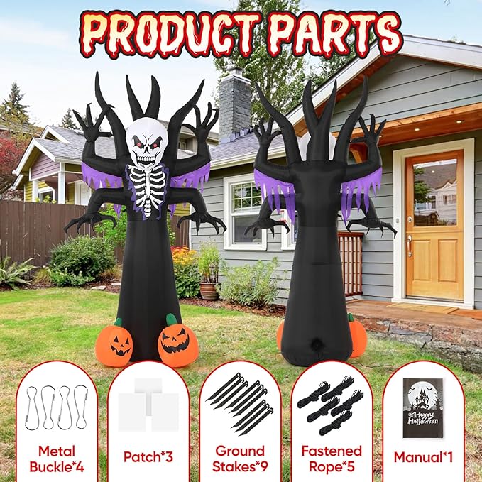 8FT Halloween Tree Inflatable Decoration- Blow Up Yard Skeleton Ghost Tree with 2 Pumpkin Faces with Build-in LED Lights for Home Halloween Party Garden Lawn Indoor Outdoor Decor