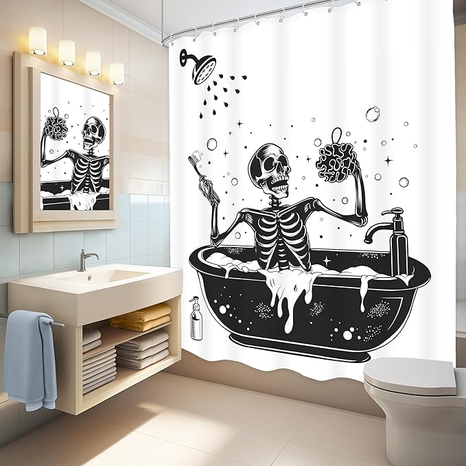 LGhtyro Funny Skull Halloween Shower Curtain Bathroom Set 60Wx71H Inches Black White Gothic Skeleton Bathing in Bathtub Spooky Cool Bath Accessories for Men Boys Art Home Decor Fabric 12 Pack Hooks
