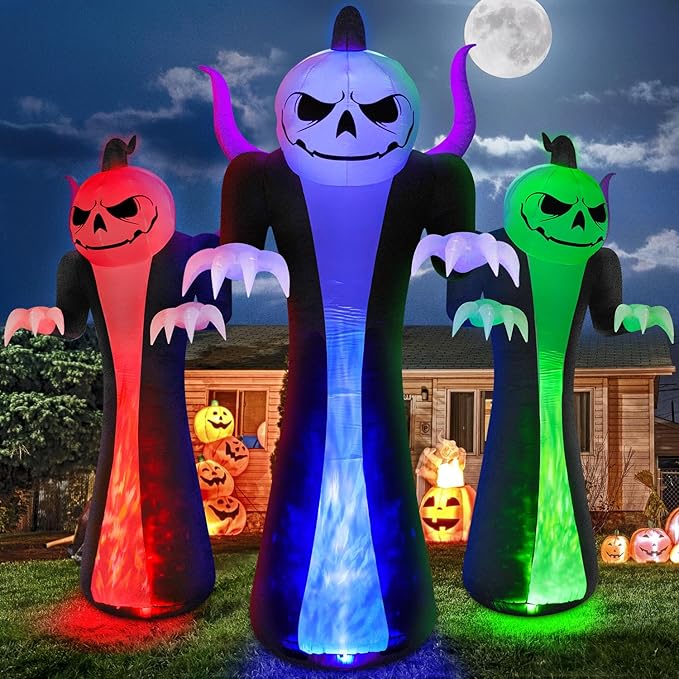 12FT Halloween Inflatables Decoration Outdoor Giant Pumpkin Reaper Ghost with 3-Colored Rotation Flame LEDs Spooky Halloween Blow Up Yard Decorations Outdoor Holiday Party Yard Lawn Decor