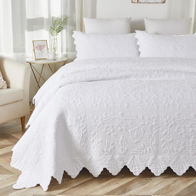 Brandream White Quilts Set Queen Size Bedspreads Farmhouse Bedding 100% Cotton Quilted Bedspreads
