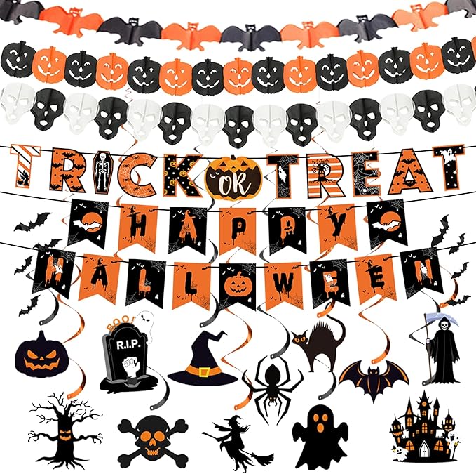 18 Pcs Halloween Party Decorations, Reusable Halloween Decor Indoor, Decorations Kit Included Happy Halloween Banner, Trick or Treat Banner, Ghost Pumpkin Ceiling Hanging Swirls Streamers