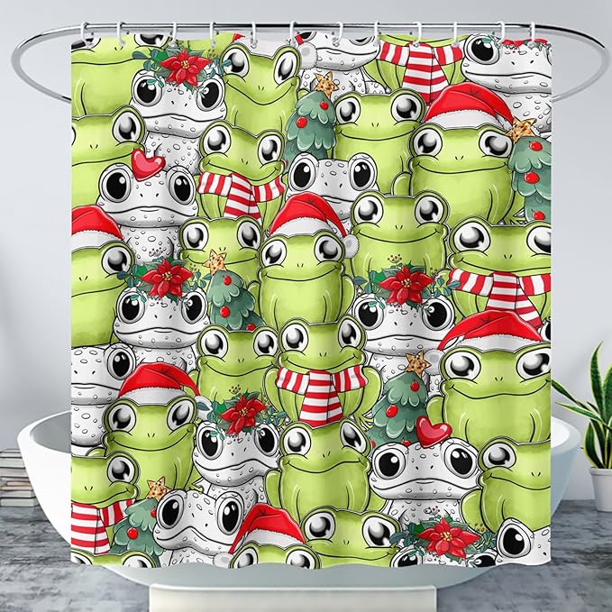 AILONEN Cute Cartoon Frog Shower Curtain,Funny Frog White Green Animal Frog Bath Curtain for Kids Boys Girls,Waterproof Curtain for Bathroom with 12 Plastic Hooks, 72" W x 78" H