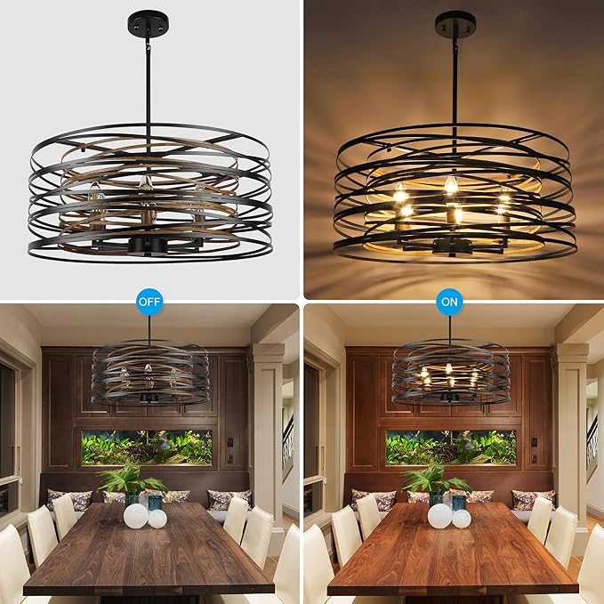 23.6'' Rustic Large Drum Chandeliers for Dining Room, 6-Light Modern Farmhouse Lighting for Kitchen Island, Retro Round Entryway Light Fixture, Black with Retro Wood Texture Interior