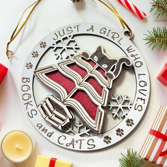 A Girl Loves Books and Cats Ornament – Cute Wooden Christmas Ornament for Cat Lovers, Readers, and Book Enthusiasts – Perfect or Keepsake