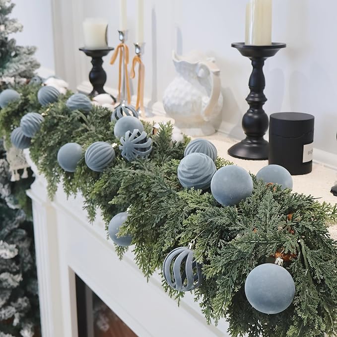 4inch Velvet Ornaments for Christmas Tree, 9 pcs Flocked Dusty Blue Christmas Ornaments Balls Set Assortment for Xmas Tree Holiday Decor
