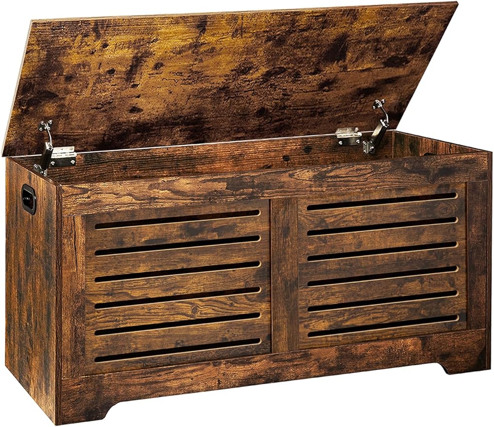 DINZI LVJ Storage Chest, 39.4”Wooden Toy Box with 2 Safety Hinges, Retro Entryway Shoe Storage Bench with Flip-Top, Sturdy Large Storage Trunk for Living Room, Bedroom, Easy Assembly, Rustic Brown