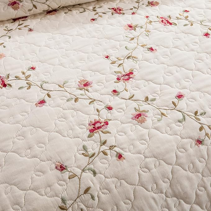 mixinni Floral Embroidered Quilt Set - 3 Pieces Reversible Quilt Bedding Set, 100% Cotton Quilt King Size Set Elegant Embroidery Bedspread Coverlet Set with 2 Pillow Shams for All Seasons (106"x96")