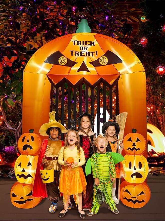 9.5 Feet Halloween Inflatable Pumpkin Arch Kalolary Pumpkin High Gate with LED Light, Halloween Blow up Outdoor Indoor Decorations Holiday Yard Lawn Inflatables Decor for Home Family Halloween Party