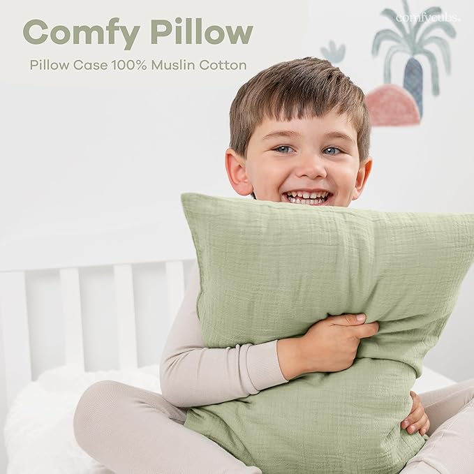 Comfy Cubs Toddler Pillow with Soft Muslin Pillowcase, 13"x18", Sage - Kids Pillow for Sleeping & Travel - Adorable & Comfortable Small Pillow - Kids Travel Pillow with Breathable Microfiber Fill