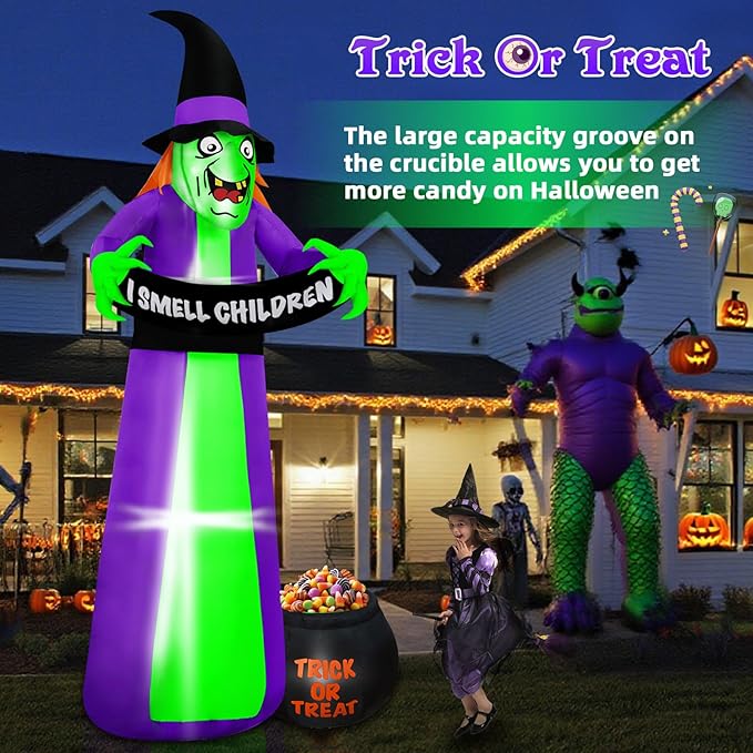 8Ft Halloween Inflatables Witch Outdoor Decorations with Candy Cauldron, Scary Blow Up Witch Holds I Smell Children Banner, Inflatable Halloween Build-in LEDs for Party Yard Lawn Garden Decor
