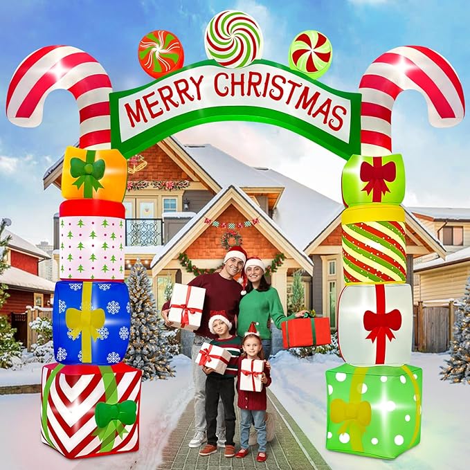 Kalolary 10 FT Christmas Inflatable Archway Gift Boxes, Xmas Arch Inflatable Blow Up Yard Outdoor Decorations Merry Christmas Giant Inflatables with Build-in Lights for Yard Garden Lawn Indoor Decor