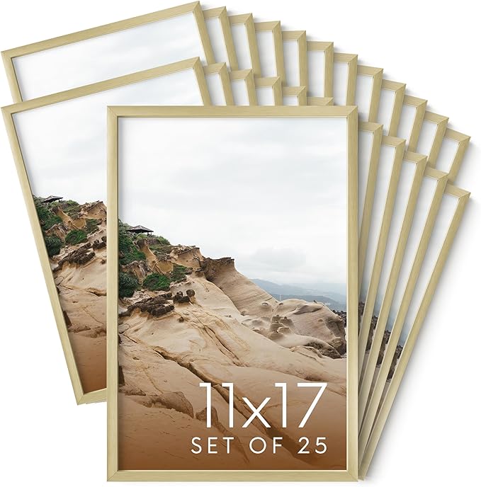 HAUS AND HUES 11x17 Gold Metal Picture Frames - Features Premium Aluminum, Vertical & Horizontal Hang, Shatterproof Plexiglass - Perfect for Home, Room, Office (11x17 in, Gold, Set of 25)