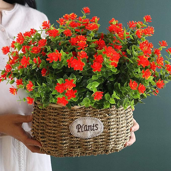 RECUTMS Artificial Flowers Outdoor Fake Flowers,8 Bundles Outside Face Mums Fake Summer Greenery UV Resistant No Fade Faux Plastic Lotus Shrubs Home Garden Porch Patio Decoration Office (Orange Red)
