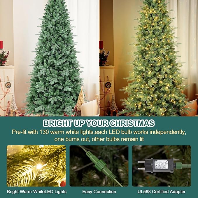 7 FT Pre-lit Artificial Skinny Christmas Tree,Blue Spruce Slim Christmas Tree with 1552 PE&PVC Mixed Branch Tips and 400 UL Listed Clear Lights,Hinged Xmas Tree with Metal Stand for Home Office Décor