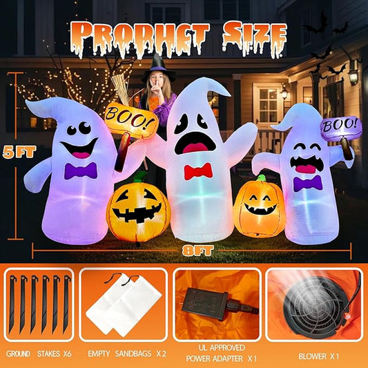 8FT Long Halloween Inflatable Ghosts and Pumpkins, 3 Blow Up Ghosts Inflatables with 2 Pumpkin Built-in LED Lights for Halloween Party Yard Garden Lawn Decorations
