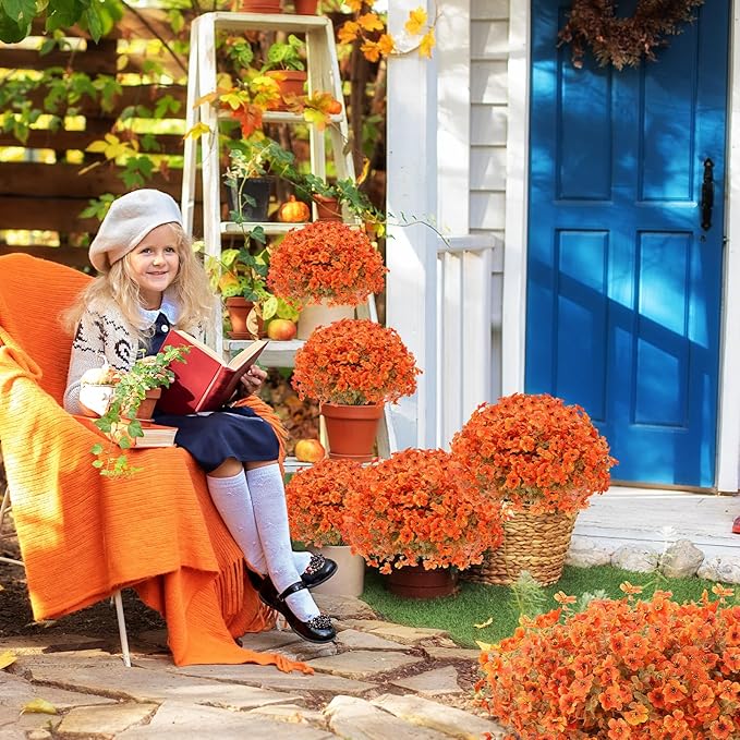 Fall Flowers Artificial for Decoration, Artificial Fall Mums Flowers for Outdoors, Fake Flowers Daisy Eucalyptus Realistic UV Resistant for Garden Patio Porch Home Decor (24, Orange-Green Leaves)