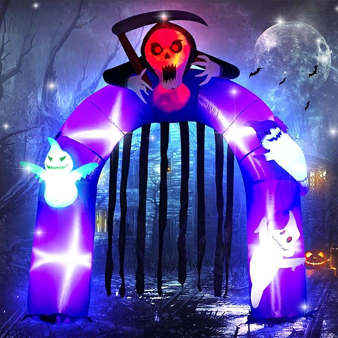 6FT Halloween Inflatables Giant Grim Reaper Arch with Three White Ghost, Built-in LEDs for Halloween Blow-Up Indoor-Outdoor Decoration, Cute Fun Holiday/Party/Yard/Garden Fantasy Party Display