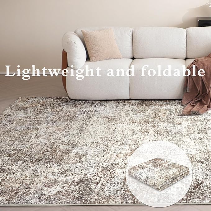 Area Rugs for Living Room: 8x10 Washable Neutral Abstract Rug for Bedroom Large Soft Modern Dining Room Rugs Indoor Floor Low Pile Carpet for Home Office Nursery - Brown Grey