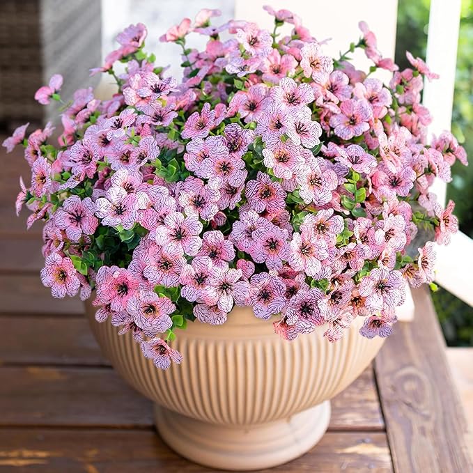 Artificial Flowers for Outdoor Indoor Garden Home Decoration, Faux Flower Daisy with Eucalyptus Leaves Fake Plants Greenery Boxwood Porch Patio, 12 Bundles (Pink)