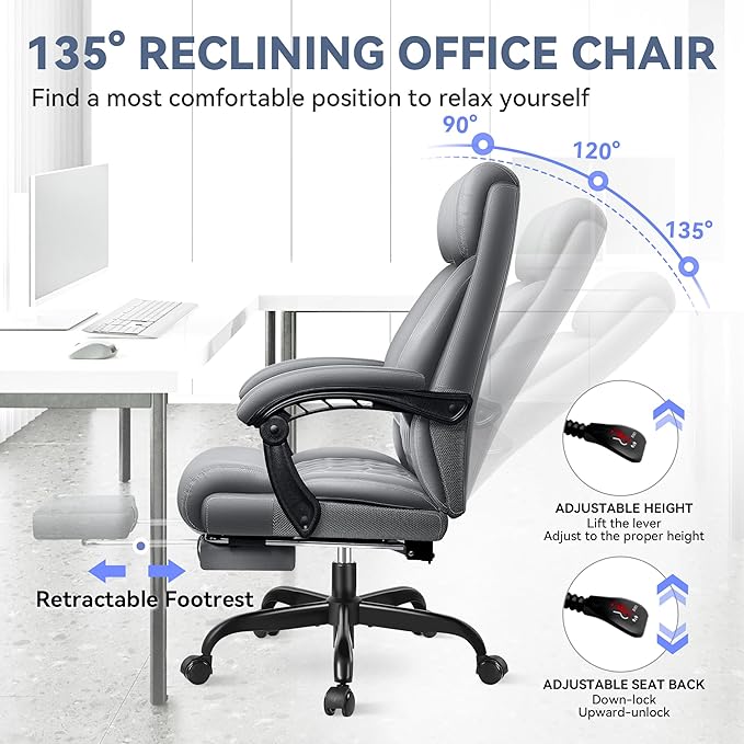 Big and Tall Reclining Executive Leather Office Desk Chair with Footrest and Lumbar Support