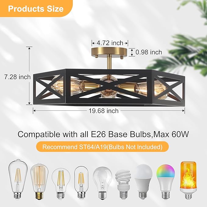Kitchen Lighting Fixtures Ceiling,Farmhouse Flush Mount Ceiling Light with Metal Cage Modern Black and Gold Hallway Light Fixture Black Ceiling Light for Bedroom Bathroom Foyer 19.6 in