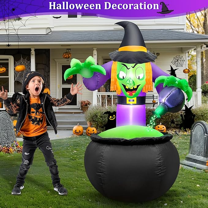 TURNMEON 5 Ft Halloween Inflatable Witch with Cauldron and Green LED String Light, Halloween Decorations Outdoor Blow Up Witch Pot with Build-in LEDs Halloween Yard Decor for Indoor Party Garden Lawn