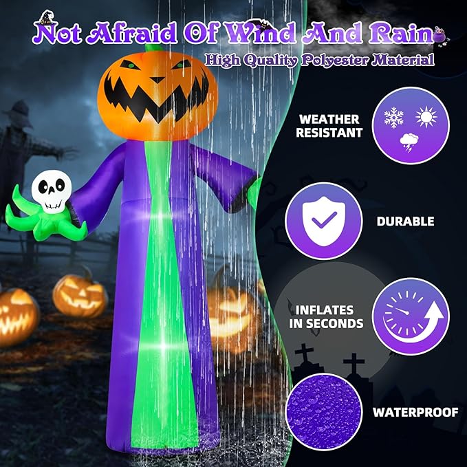 B&D 8FT Halloween Inflatables Outdoor Decorations, Inflatable Pumpkin Reaper Halloween Decorations Holds Skull Blow Up Yard Decoration Built-in Blue LED Disco Light for Holiday Party Garden Lawn Decor
