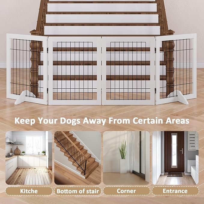 Dog Gate Indoor, Metal Dog Gates for Doorways House, 24-Inch Freestanding Pet Gates for Dogs, Puppy Fence (4 Panel, White)