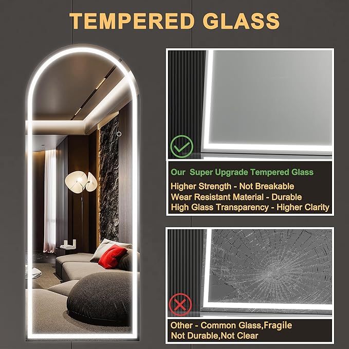 Hasipu 75" x 28" Led Mirror Full Length, Full Length Mirror with Lights Arch Design,Tempered Glass,Shatter-Proof, Dimming & 3 Color Modes for Bedroom Cloakroom-UL