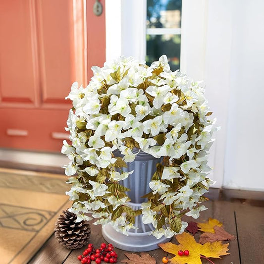 Bougainvillea Artificial Fall Hanging Flowers Plants for Outdoors Autumn Decoration, 2pcs Faux Bougainvillea Vines White Fake Flowers Realistic UV Resistant Silk Flowers for Outside Planter Yard Home