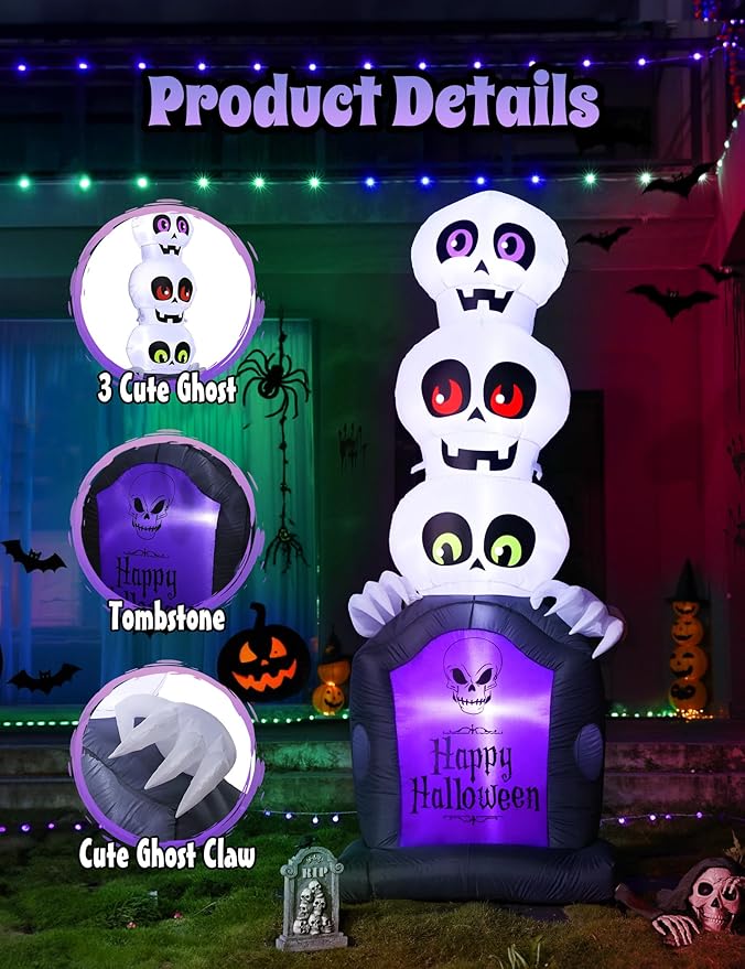 Halloween Inflatables Outdoor Decoration, Pumpkin/Tombstone/Black Cat/Ghost Tree, Cute Blow Up Yard Decor, for Outside Garage Door Graveyard Yard Porch Lawn (6.5FT Ghost+Tombstone)