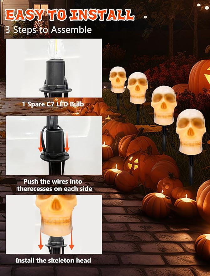 Halloween Pathway Lights Outdoor – Connectable Skull Lights Outdoor with LED C7 Bulbs & Stakes, Waterproof Halloween Skull Light for Garden, Lawn, Driveway, Ghost Pathway Light & Skeleton Stakes