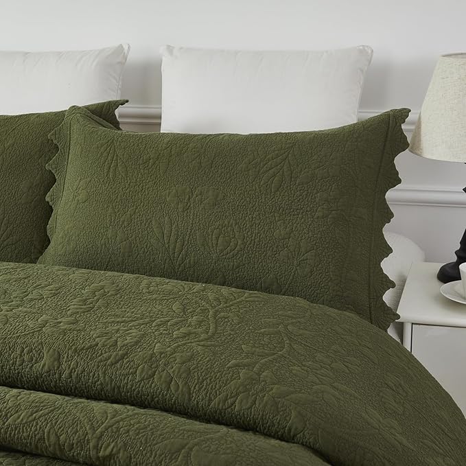 Brandream Queen Size Quilt Set Cotton Green Quilts Luxury Farmhouse Bedding Set Matelasse Coverlet Scalloped Quilt Set 3-Piece