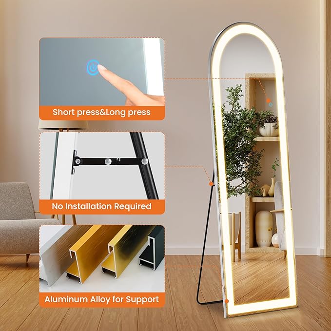 Sweetcrispy Full Length Mirror with LED Lights, 60"x16" Lighted Floor Mirror with Dimming & 3 Color Lighting, Stand for Bedroom, Dressing Room, Arched