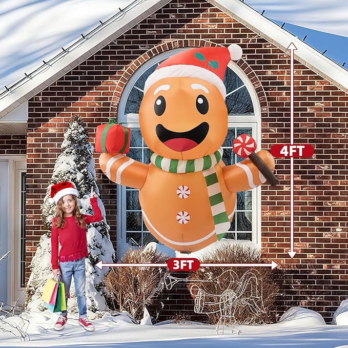 B&D 4FT Christmas Inflatables Gingerbread Man Lean Out from Window Outdoor Decorations, Christmas Window Inflatable Gingerbread Blow Up Yard Decorations Built-in LED Lights for Indoor Lawn Yard Garden