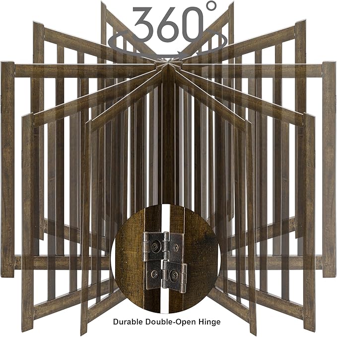 LZRS 6-Panel Extra-Wide Freestanding Wooden Dog Gate – 24”High Foldable Safety Pet Barrier for Doorways, Hallways, Kitchens, and Long Staircases, Durable Design fit Small to Medium Dogs, Walnutl