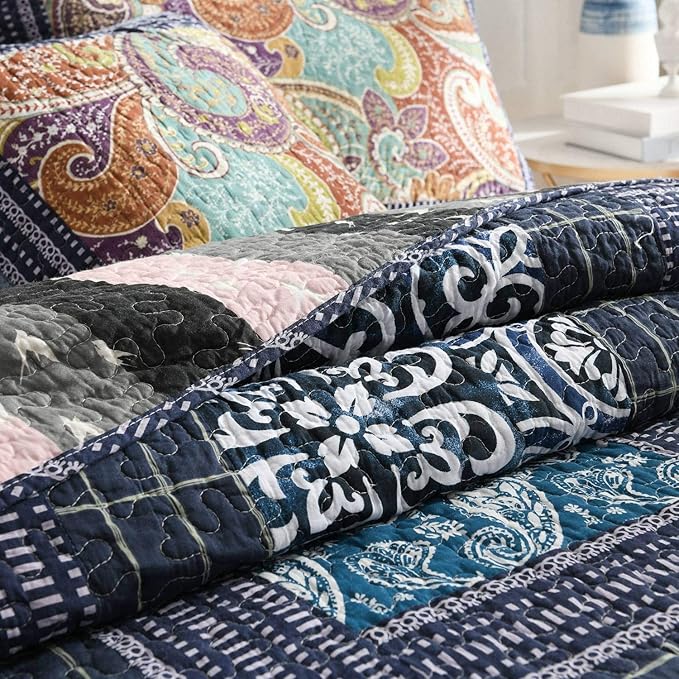 NEWLAKE Bedspread Quilt Set with Real Stitched Embroidery, Paisley Grid Pattern,King Size