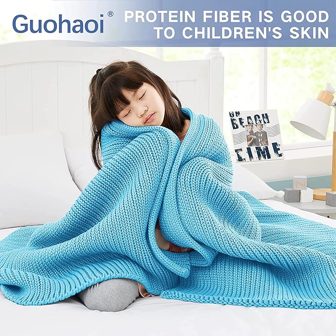 Knitted Weighted Blanket(Blue 60"x80" 15lbs),Home Décor Cooling Throw Blanket for Hot Sleepers,Hand Made Chunky Knit Heavy Blanket for Adults Use on Queen/King Size Bed