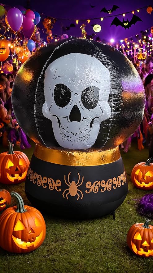 Halloween Inflatable Skull Crystal Ball Decoration - Giant Outdoor Yard Prop, Blow Up Yard Decoration Clearance with LED Lights Built-in for Holiday/Party/Yard/Garden