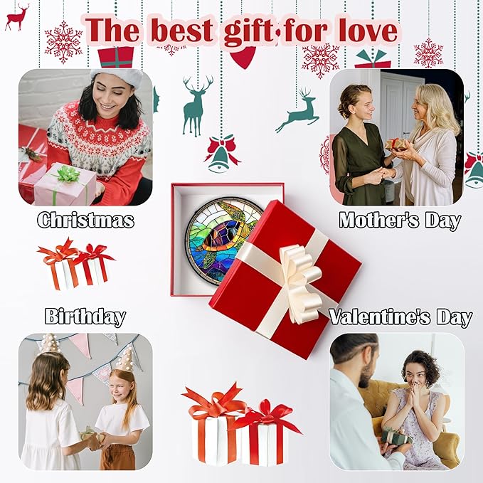 Stained Glass Window Hanging, Colored Turtle Ocean Suncatcher Diamond Glass Panel Hangings Marine Life Sun Catchers Decor for Birthday for Women, Men, Wife, Aunt, Mom 6.3 in