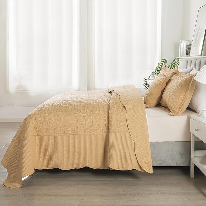 HoneiLife California King Quilt 128x120 - Oversized King Bedspreads 4-Piece,Rustic Bedding Sets Quilted,Reversible Coverlets Lightweight Bed Cover for All Season Use-Yellow