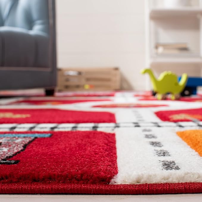 SAFAVIEH Carousel Kids Collection Area Rug - 5'3" Square, Red & Ivory, Non-Shedding & Easy Care, Ideal for High Traffic Areas for Boys & Girls in Playroom, Nursery, Bedroom (CRK192Q)
