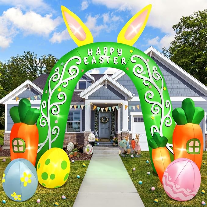 Kalolary 12FT Easter Arch Inflatables Outdoor Decorations, Cute Bunny Rabbit with Eggs Easter Inflatable Built in LED Lights Blow Ups for OutsideHoliday Party,Outdoor,Garden,Yard Lawn Decor