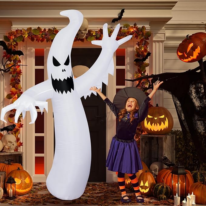 MGparty 8 FT Tall Halloween Inflatables Ghost Decorations Outdoor Indoor Blow Up Yard Decor with Built-in LED Lights Red Disco Lights for Lawn Garden Holiday Party