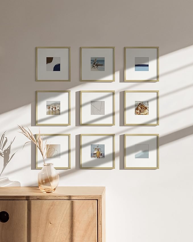HAUS AND HUES 8x8 Gold Metal Picture Frames Matted to 4x4 - Features Premium Aluminum & Hanging Hardware, Shatterproof Plexiglass - Ideal for Home, Room, Office (8x8 in, Gold, Set of 9)