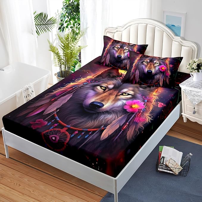 AILONEN Wolf Dream Catcher Fitted Sheet Set Queen Size, Wildlife Wolf Bed Sheet Set,Safari Animal Moon Wolf Fitted Sheet and 2 Pillowcases,3 Pieces(Boys/Men/Kids/Teens)